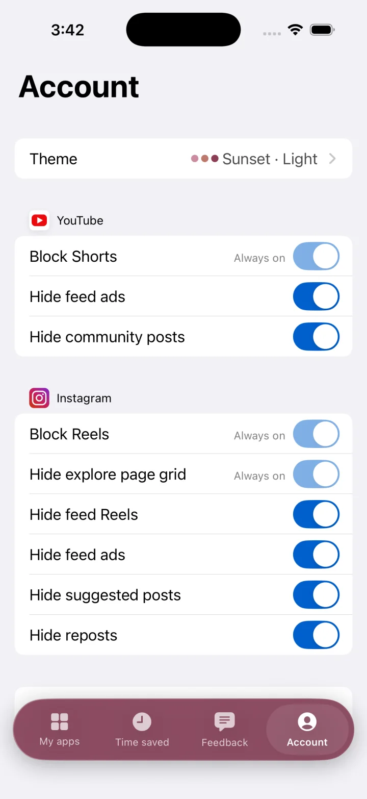 ScrollFix Account screen with appearance and service filtering controls