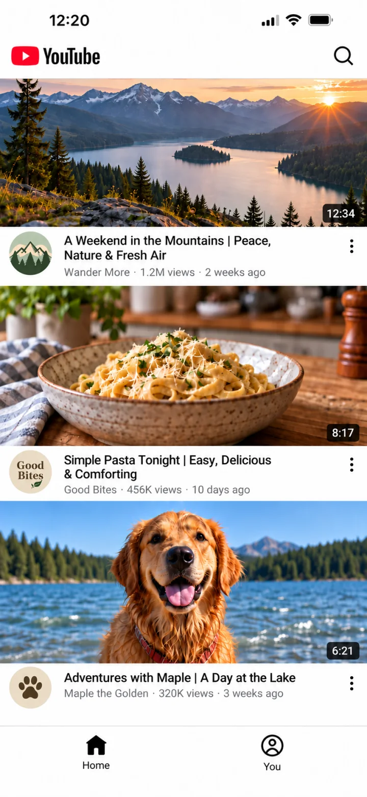 YouTube inside ScrollFix with video cards and no Shorts navigation tab
